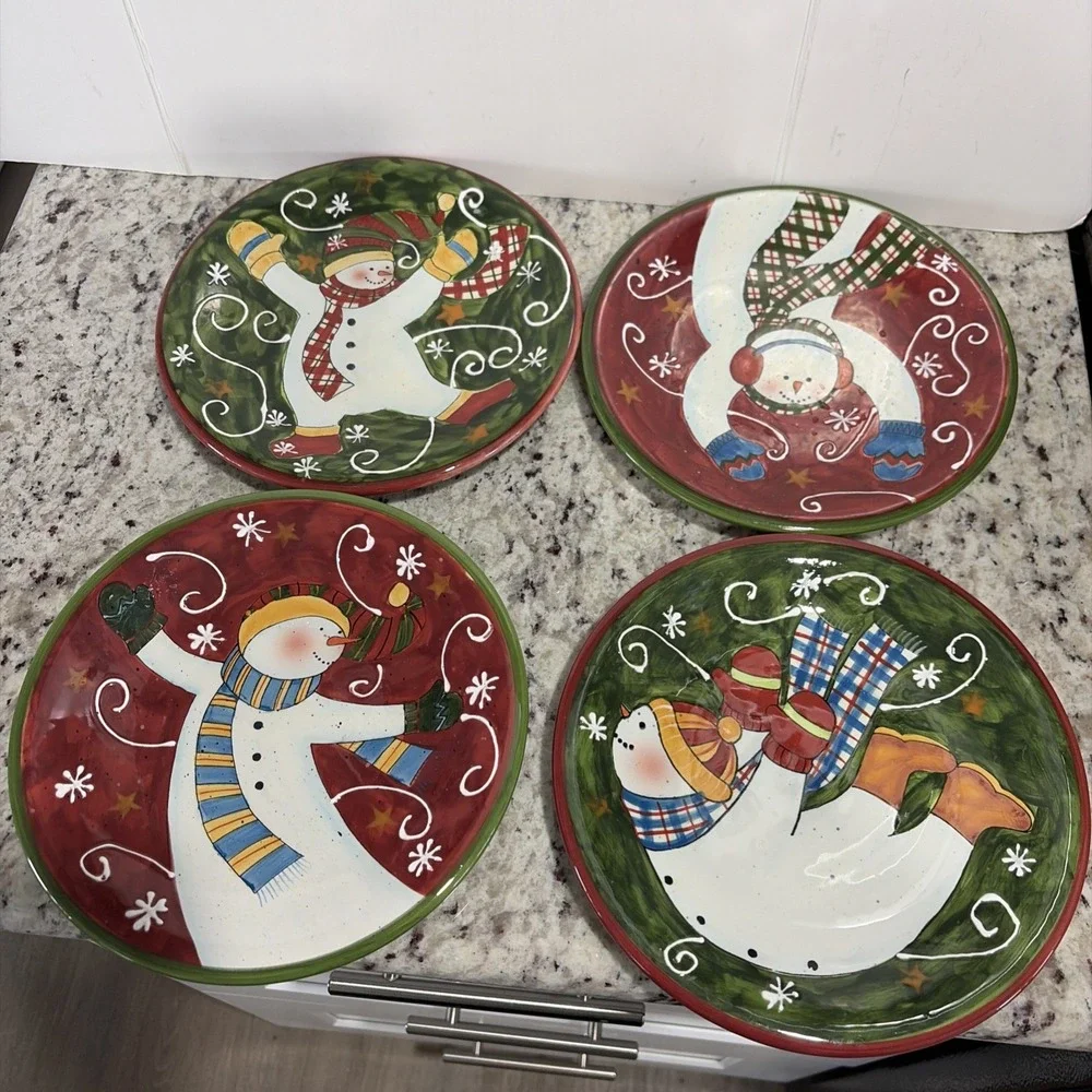 VTG Certified International Tumbling Snowman Salad Plates Susan Winget Set of 4